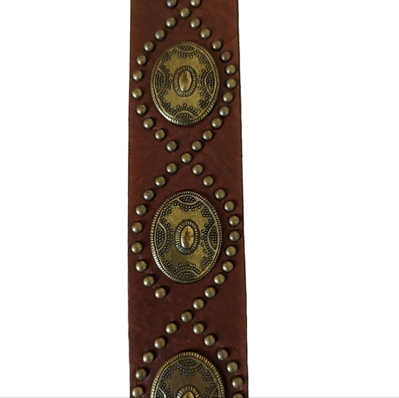 Brown genuine leather belt with brass details sz M - Picture 4 of 8